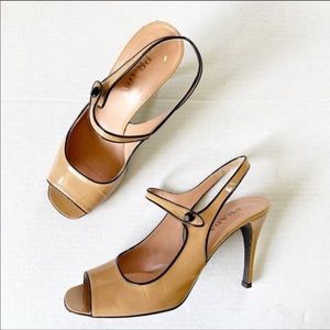 Prada 2006 Runway Tan Patent Leather Square Heels